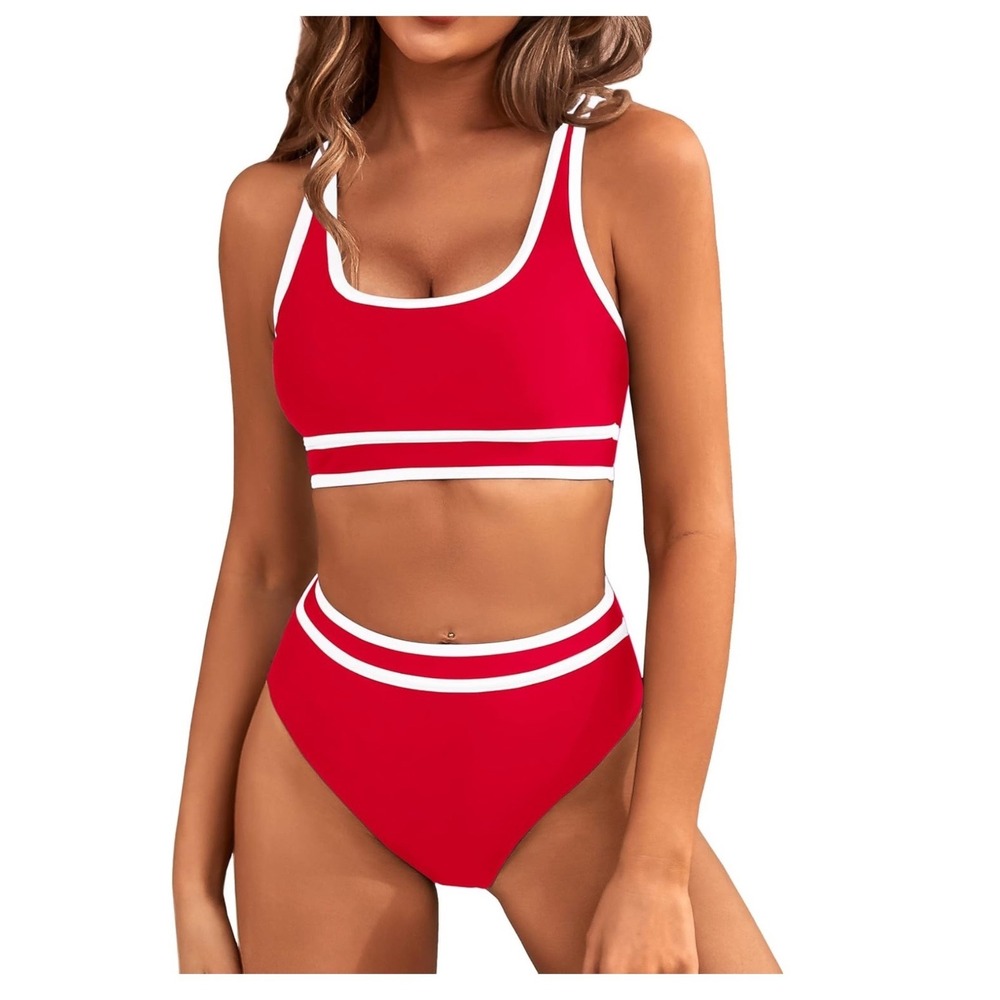 BMJL Bikini Set Women Medium Red High Waisted Sporty Scoop Neck Two Piece